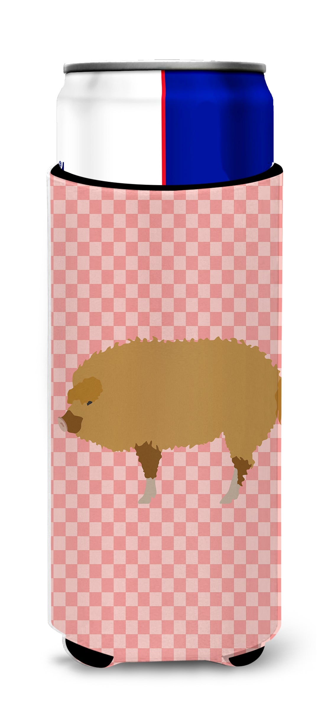 Hungarian Mangalica Pig Pink Check Slim Can Hugger , Insulated Foam Hugger for 12 oz Slim Cans, Beer Bottles & Water Bottles, Printed in USA