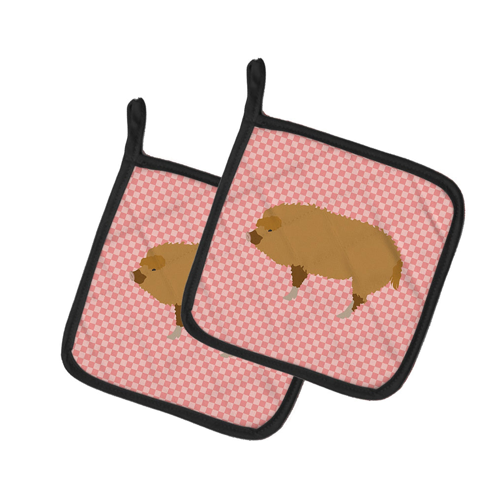 Hungarian Mangalica Pig Pink Check Pot Holder Set of 2 Heat Resistant Quilted Hot Pads 7.5 x 7.5 Inch, Insulated Kitchen Trivets for Cooking & Baking