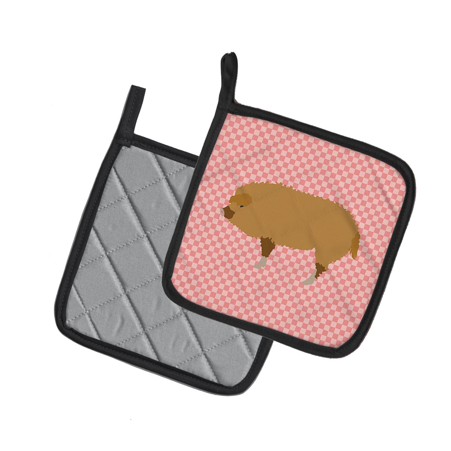 Hungarian Mangalica Pig Pink Check Pot Holder Set of 2 Heat Resistant Quilted Hot Pads 7.5 x 7.5 Inch, Insulated Kitchen Trivets for Cooking & Baking