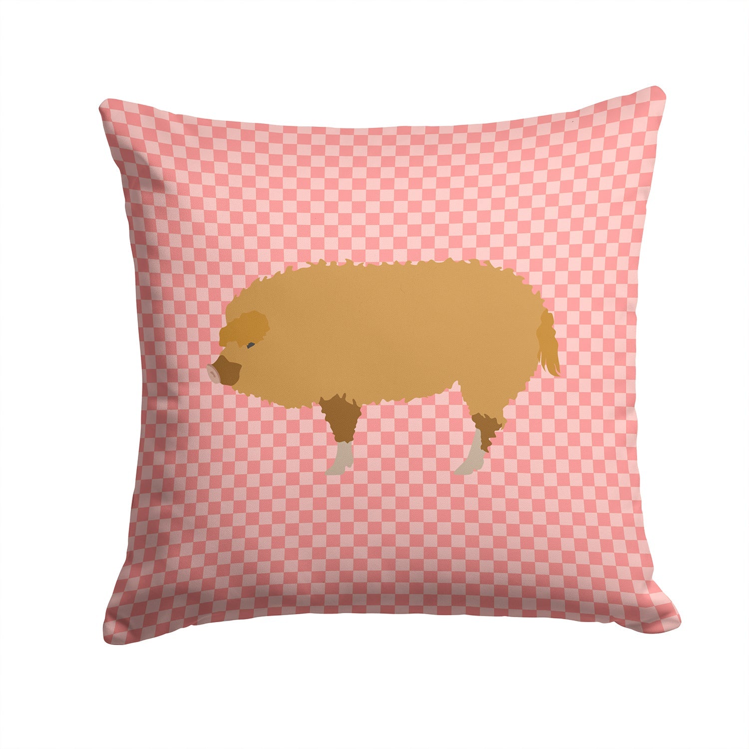 Hungarian Mangalica Pig Pink Check Decorative Throw Pillow 14x14 Indoor Outdoor Accent Cushion, Fabric Cover with Insert for Sofa, Bed, Porch & Living Room
