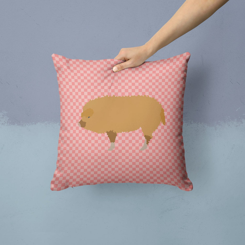 Hungarian Mangalica Pig Pink Check Decorative Throw Pillow 14x14 Indoor Outdoor Accent Cushion, Fabric Cover with Insert for Sofa, Bed, Porch & Living Room