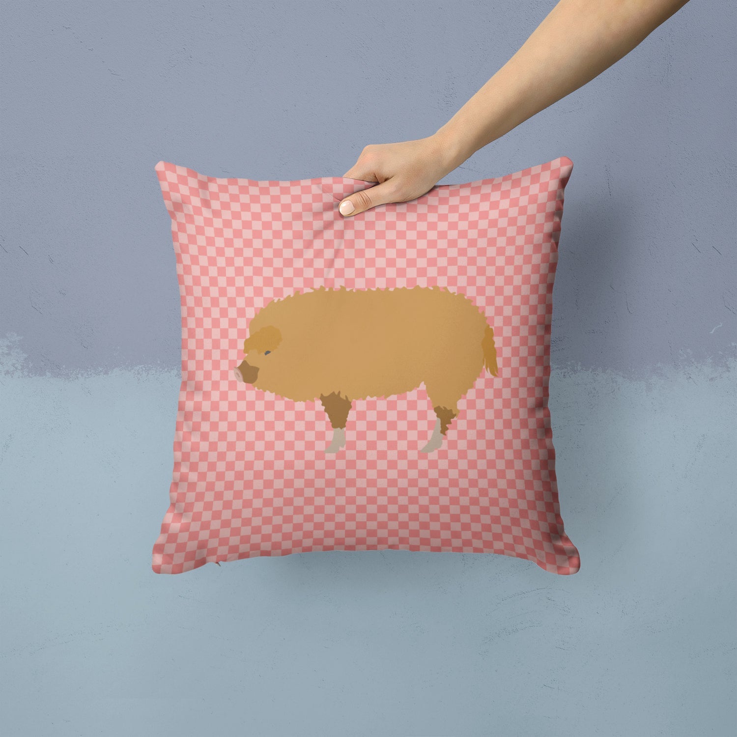 Hungarian Mangalica Pig Pink Check Decorative Throw Pillow 14x14 Indoor Outdoor Accent Cushion, Fabric Cover with Insert for Sofa, Bed, Porch & Living Room