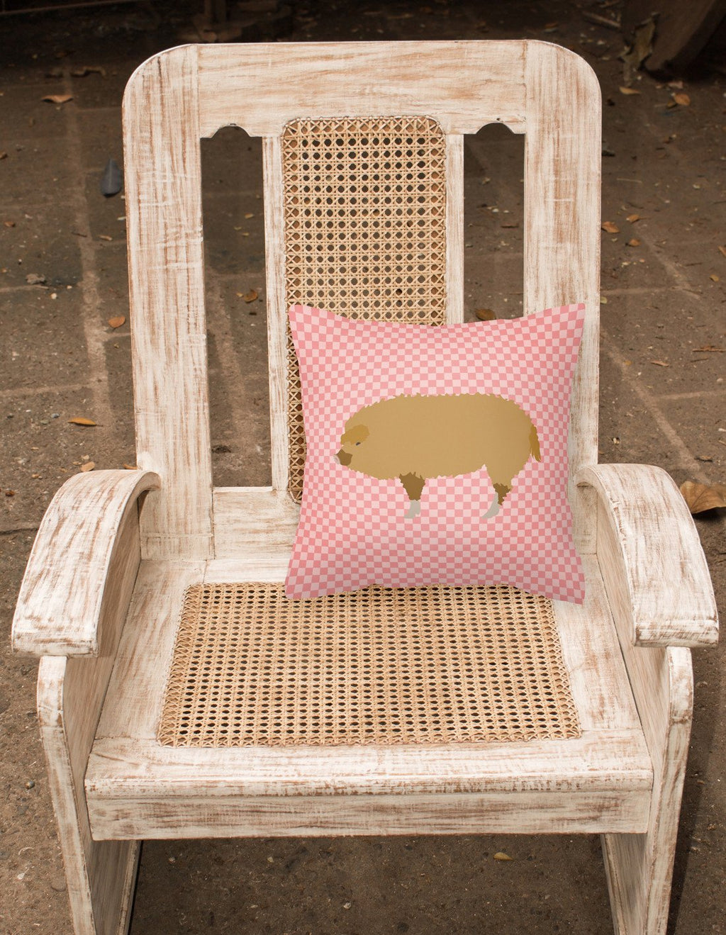 Hungarian Mangalica Pig Pink Check Decorative Throw Pillow 18x18 Indoor Outdoor Accent Cushion, Fabric Cover with Insert for Sofa, Bed, Porch & Living Room