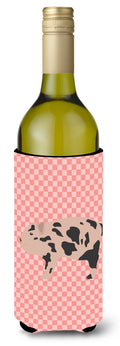Mini Miniature Pig Pink Check Wine Bottle Hugger Gift Sleeve for Standard 750 ml Bottles, Insulated Reusable Also Fits Mini Shot & Pint Bottles