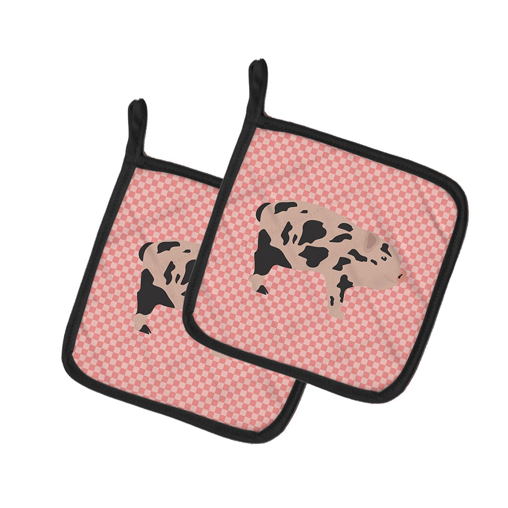 Mini Miniature Pig Pink Check Pot Holder Set of 2 Heat Resistant Quilted Hot Pads 7.5 x 7.5 Inch, Insulated Kitchen Trivets for Cooking & Baking