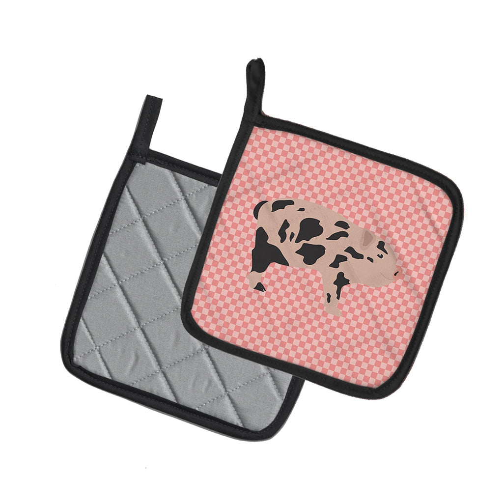 Mini Miniature Pig Pink Check Pot Holder Set of 2 Heat Resistant Quilted Hot Pads 7.5 x 7.5 Inch, Insulated Kitchen Trivets for Cooking & Baking