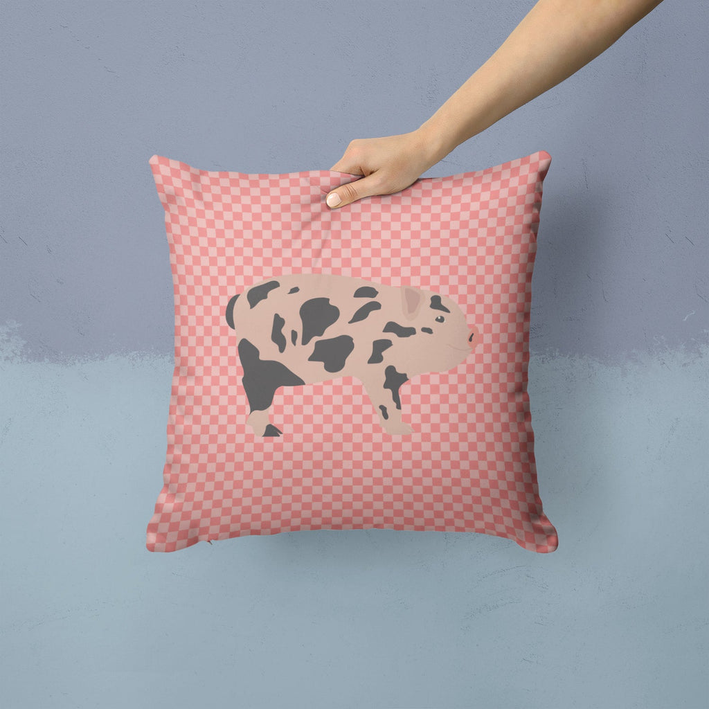 Mini Miniature Pig Pink Check Decorative Throw Pillow 14x14 Indoor Outdoor Accent Cushion, Fabric Cover with Insert for Sofa, Bed, Porch & Living Room