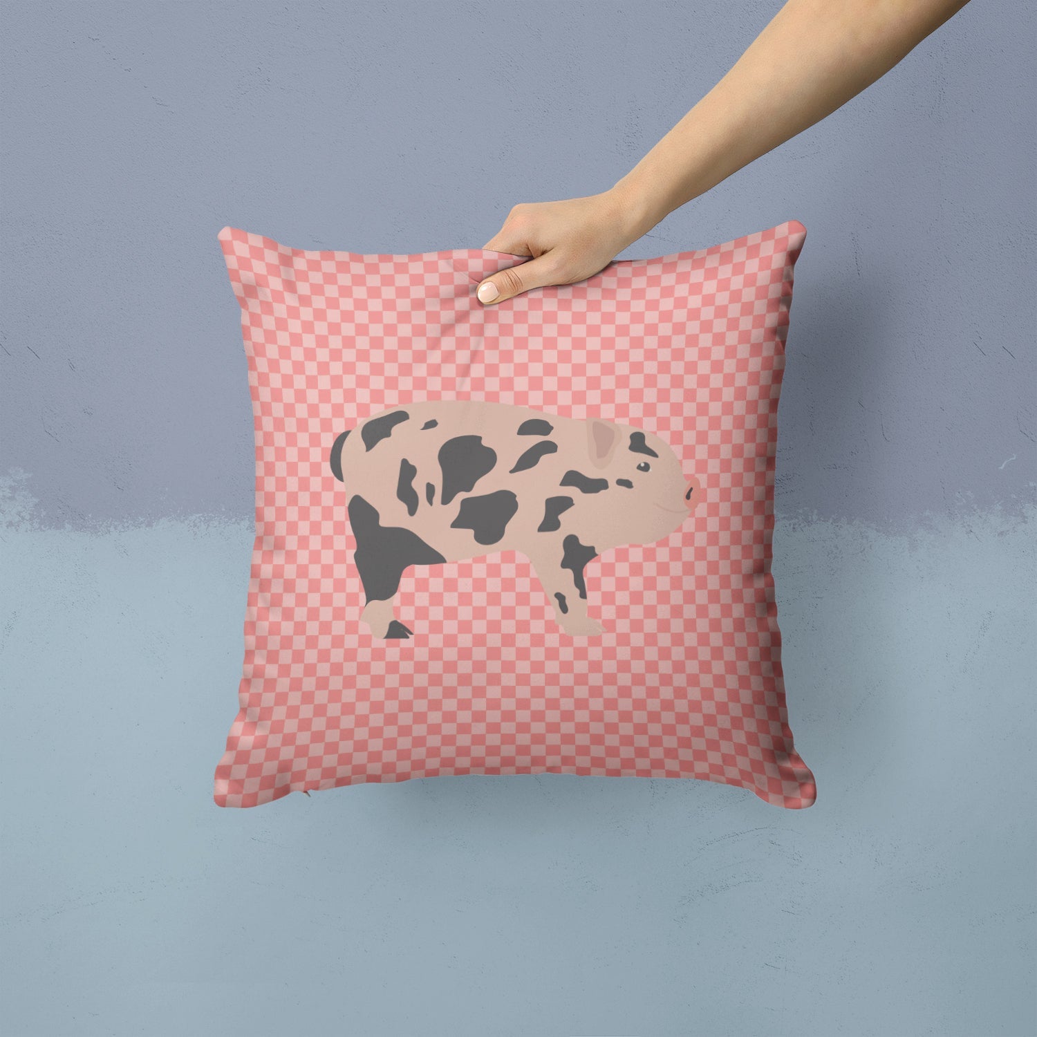 Mini Miniature Pig Pink Check Decorative Throw Pillow 14x14 Indoor Outdoor Accent Cushion, Fabric Cover with Insert for Sofa, Bed, Porch & Living Room