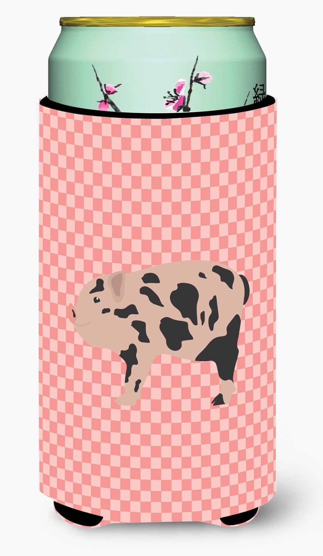 Mini Miniature Pig Pink Check Tall Boy Hugger Can Cooler Sleeve Machine Washable Drink Collapsible Insulator Beverage Insulated Holder