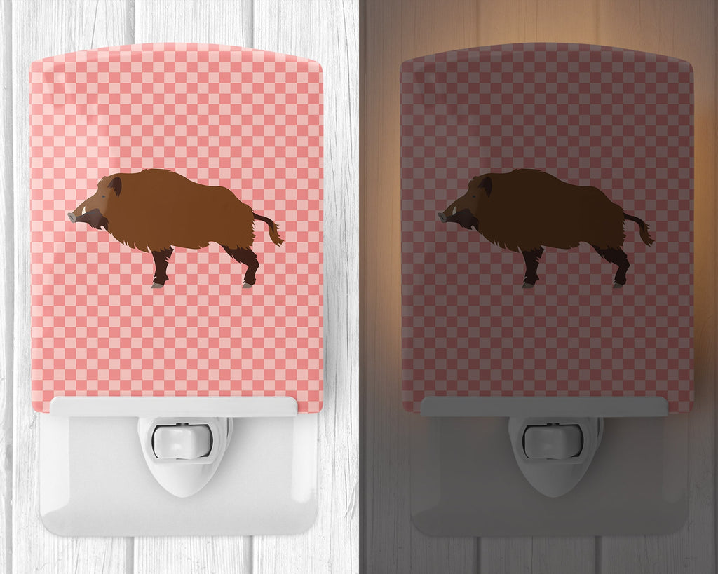 Wild Boar Pig Pink Check Ceramic Night Light Compact, UL-Certified, Ideal for Bedroom, Bathroom, Nursery, Hallway, Kitchen, 6x4x3, Multicolor
