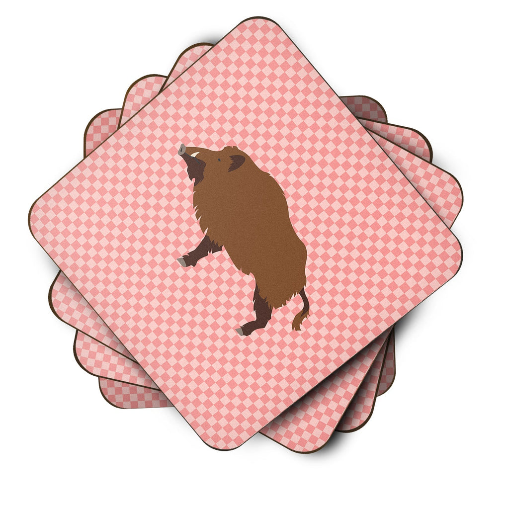 Wild Boar Pig Pink Check Foam Coasters Set of 4 Cup Coasters for Indoor Outdoor, Tabletop Protection, Anti Slip, Mouse pad Material