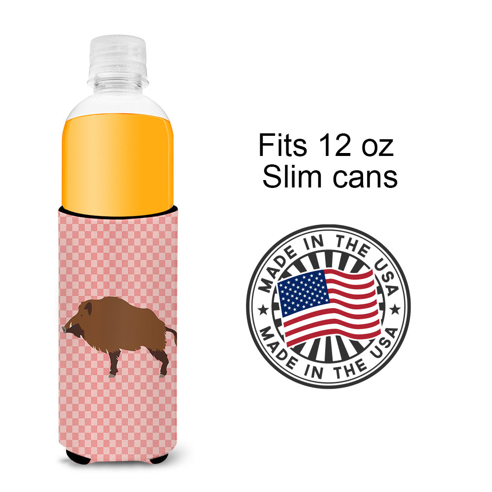 Wild Boar Pig Pink Check Slim Can Hugger , Insulated Foam Hugger for 12 oz Slim Cans, Beer Bottles & Water Bottles, Printed in USA