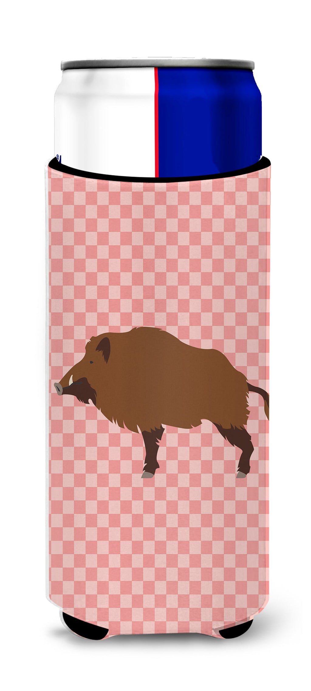 Wild Boar Pig Pink Check Slim Can Hugger , Insulated Foam Hugger for 12 oz Slim Cans, Beer Bottles & Water Bottles, Printed in USA