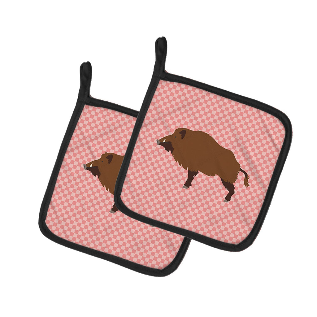 Wild Boar Pig Pink Check Pot Holder Set of 2 Heat Resistant Quilted Hot Pads 7.5 x 7.5 Inch, Insulated Kitchen Trivets for Cooking & Baking