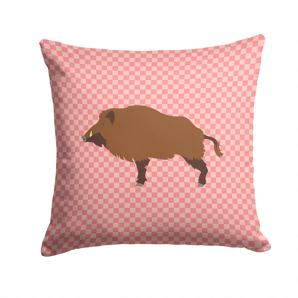 Wild Boar Pig Pink Check Decorative Throw Pillow 14x14 Indoor Outdoor Accent Cushion, Fabric Cover with Insert for Sofa, Bed, Porch & Living Room