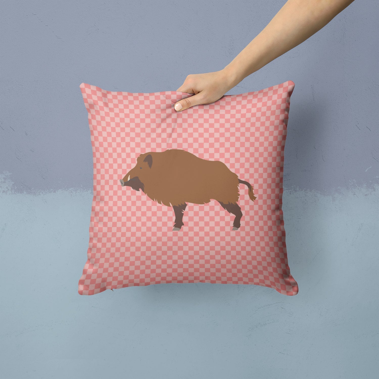 Wild Boar Pig Pink Check Decorative Throw Pillow 14x14 Indoor Outdoor Accent Cushion, Fabric Cover with Insert for Sofa, Bed, Porch & Living Room