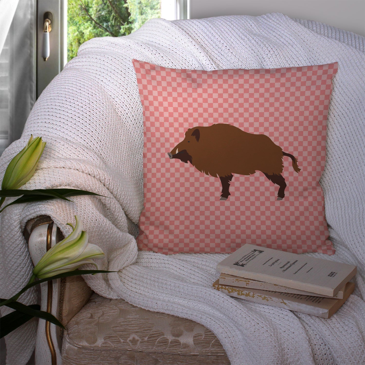 Wild Boar Pig Pink Check Decorative Throw Pillow 14x14 Indoor Outdoor Accent Cushion, Fabric Cover with Insert for Sofa, Bed, Porch & Living Room