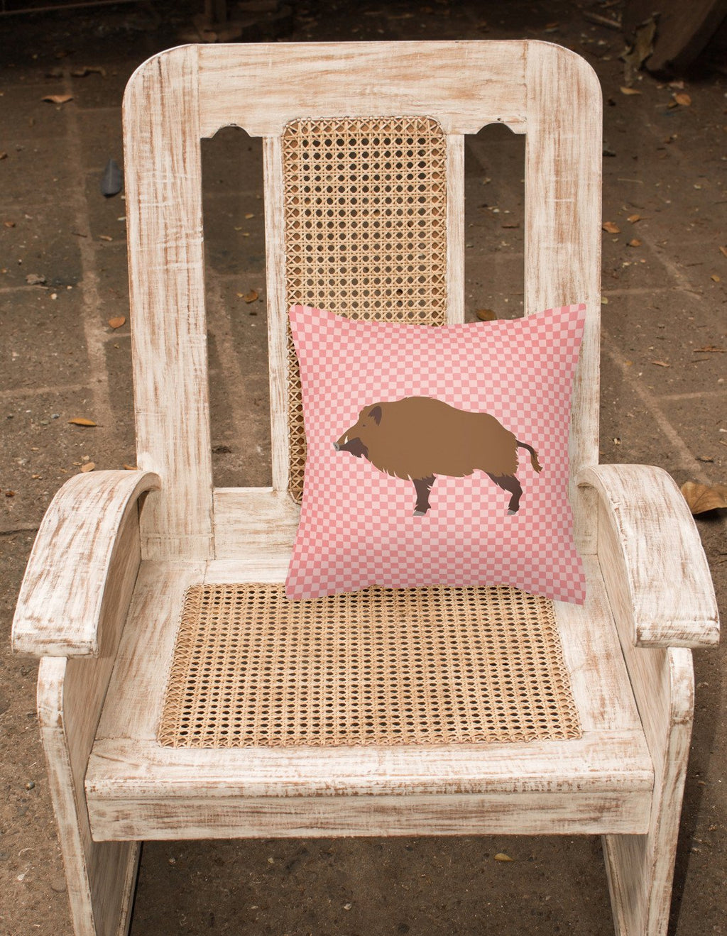 Wild Boar Pig Pink Check Decorative Throw Pillow 18x18 Indoor Outdoor Accent Cushion, Fabric Cover with Insert for Sofa, Bed, Porch & Living Room