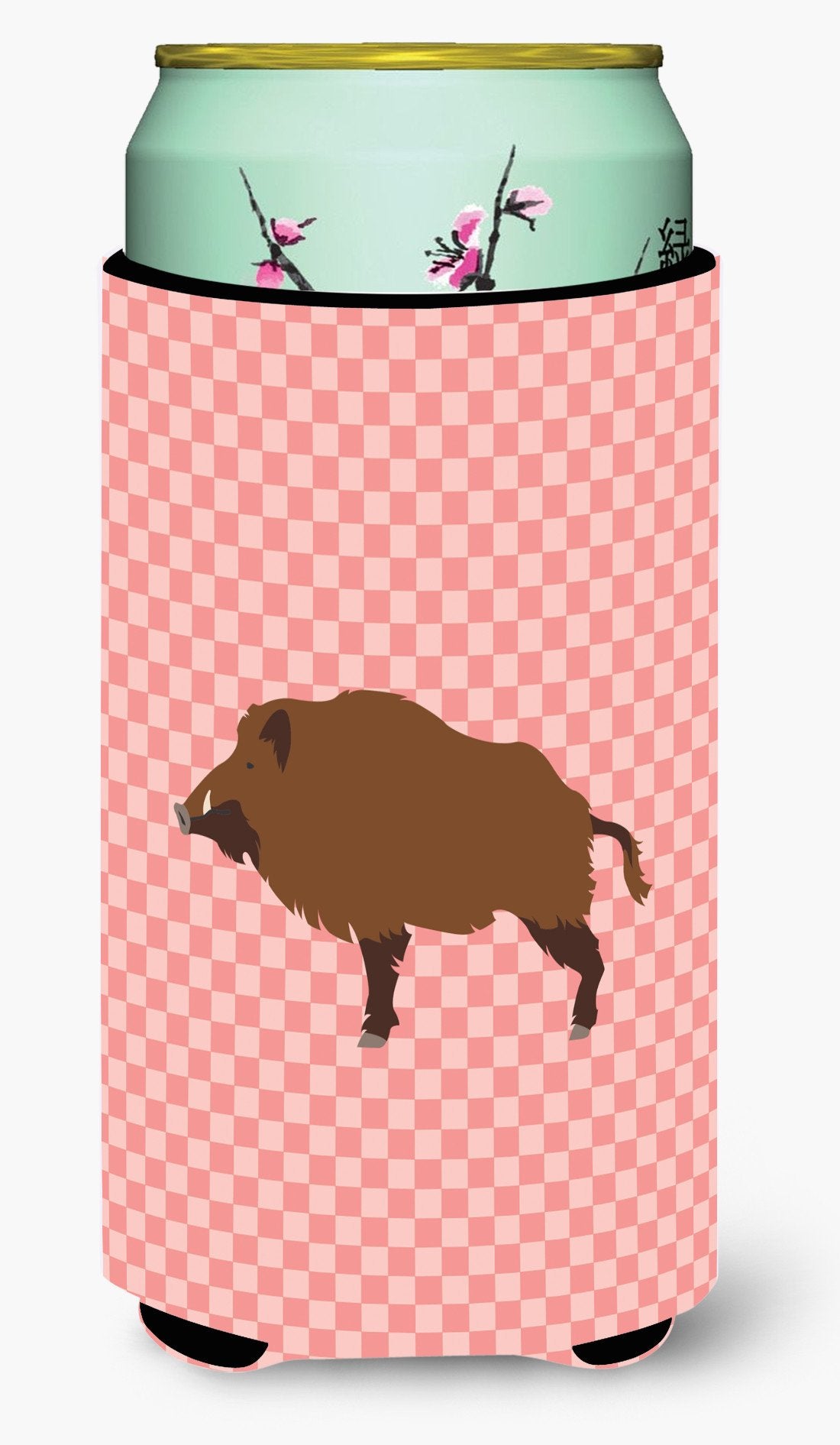 Wild Boar Pig Pink Check Tall Boy Hugger Can Cooler Sleeve Machine Washable Drink Collapsible Insulator Beverage Insulated Holder