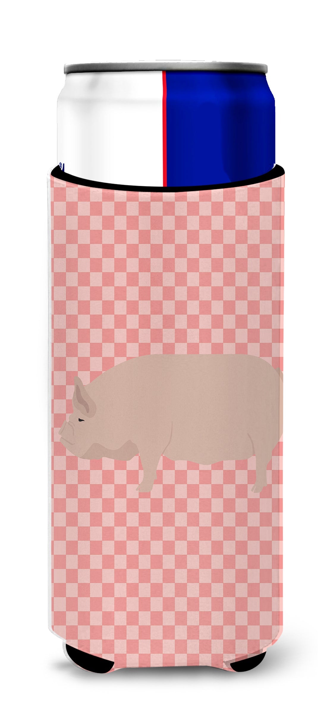 Welsh Pig Pink Check Slim Can Hugger , Insulated Foam Hugger for 12 oz Slim Cans, Beer Bottles & Water Bottles, Printed in USA