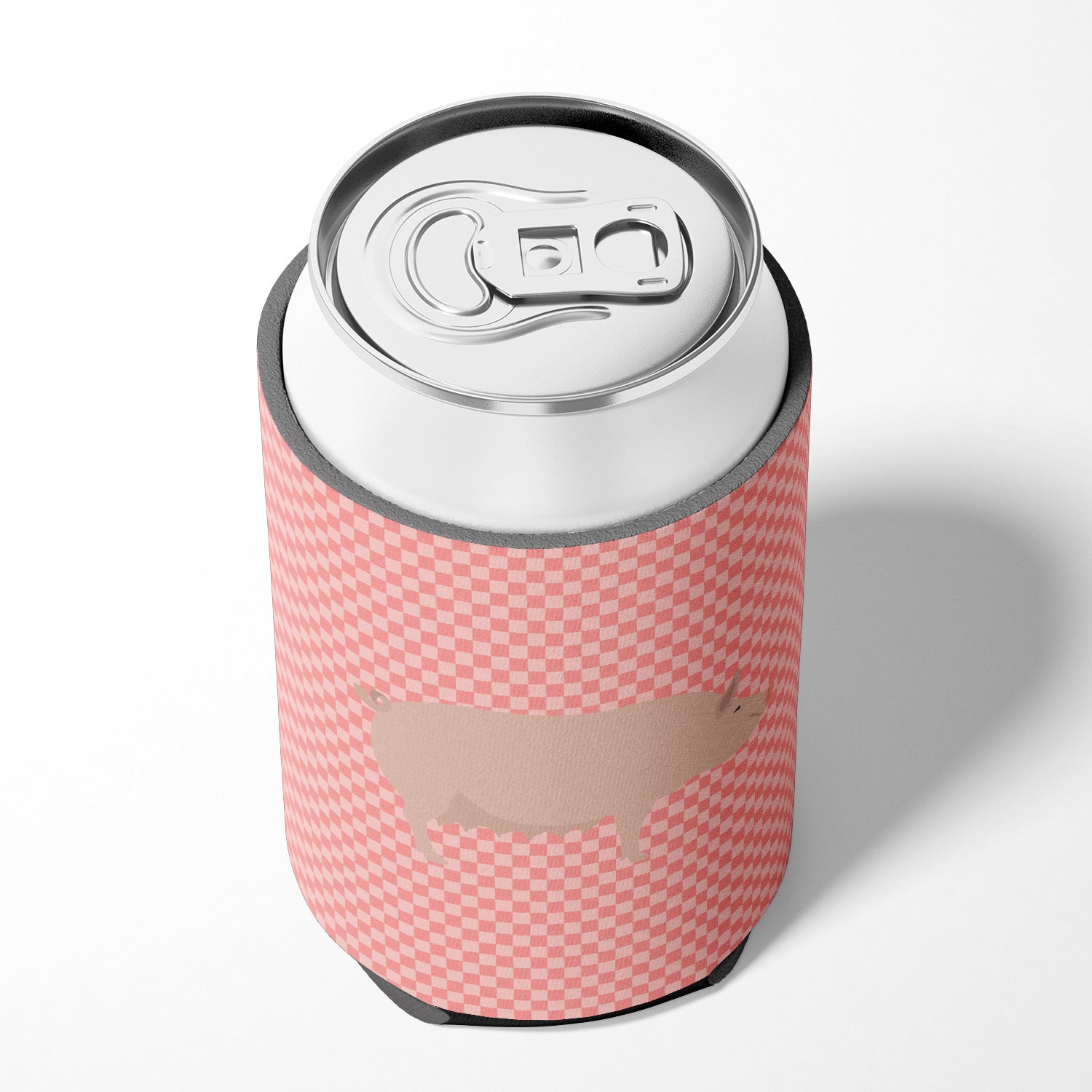English Large White Pig Pink Check Can or Bottle Hugger Cooler Sleeve for Standard 12 oz Cans, Insulated Foam Beer & Soda Can Hugger Reusable