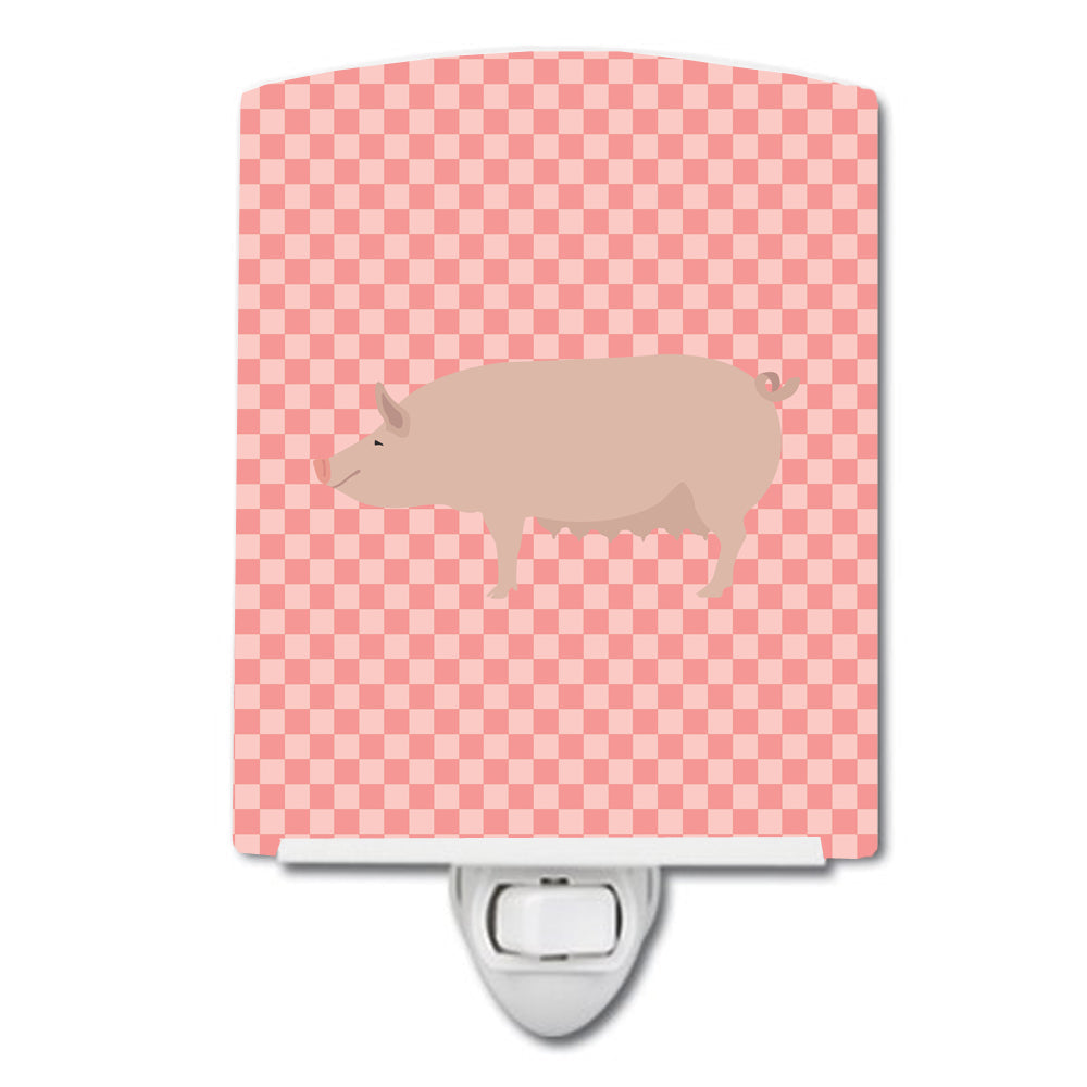 English Large White Pig Pink Check Ceramic Night Light Compact, UL-Certified, Ideal for Bedroom, Bathroom, Nursery, Hallway, Kitchen, 6x4x3, Multicolor