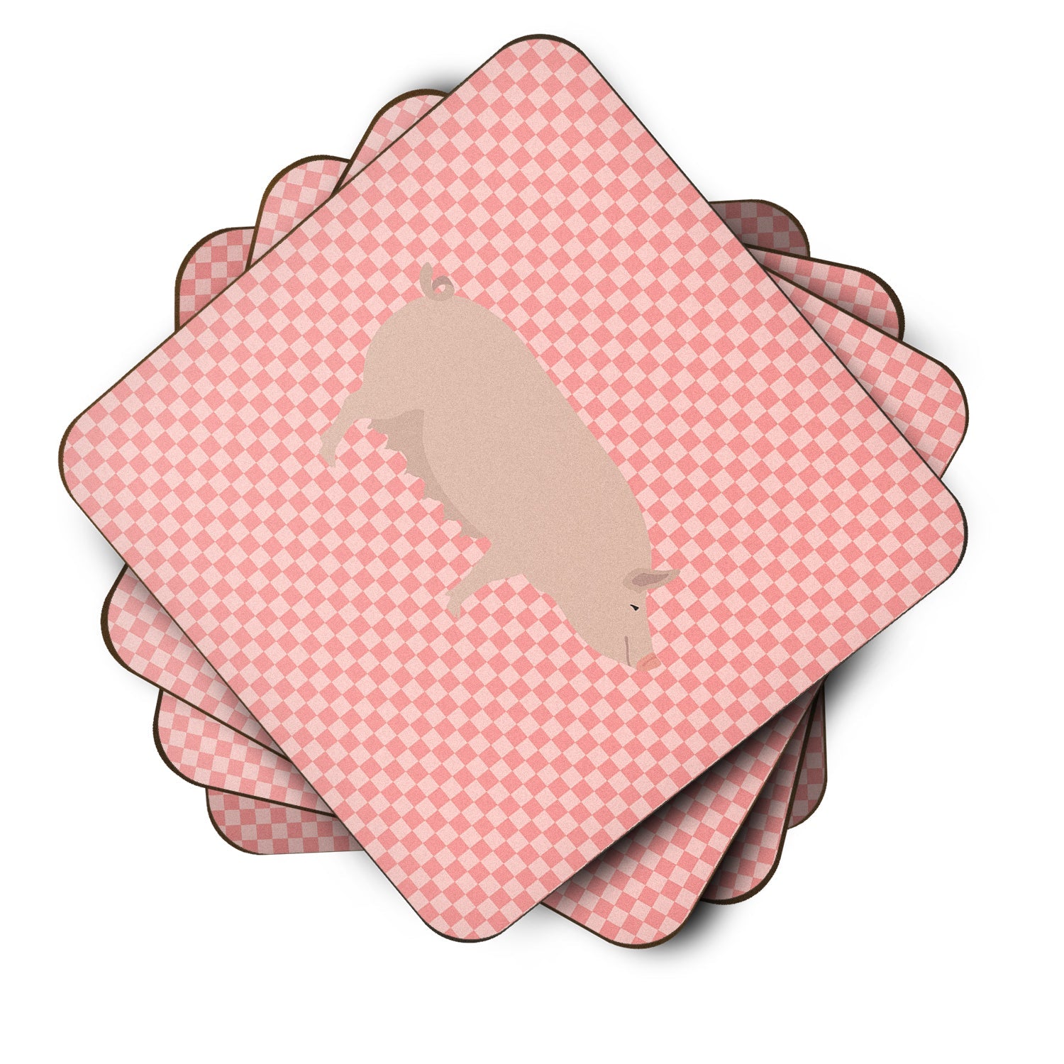 English Large White Pig Pink Check Foam Coasters Set of 4 Cup Coasters for Indoor Outdoor, Tabletop Protection, Anti Slip, Mouse pad Material