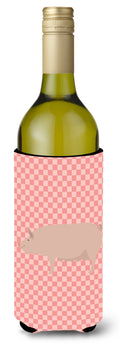 English Large White Pig Pink Check Wine Bottle Hugger Gift Sleeve for Standard 750 ml Bottles, Insulated Reusable Also Fits Mini Shot & Pint Bottles