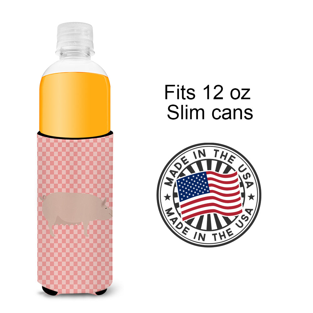 English Large White Pig Pink Check Slim Can Hugger , Insulated Foam Hugger for 12 oz Slim Cans, Beer Bottles & Water Bottles, Printed in USA