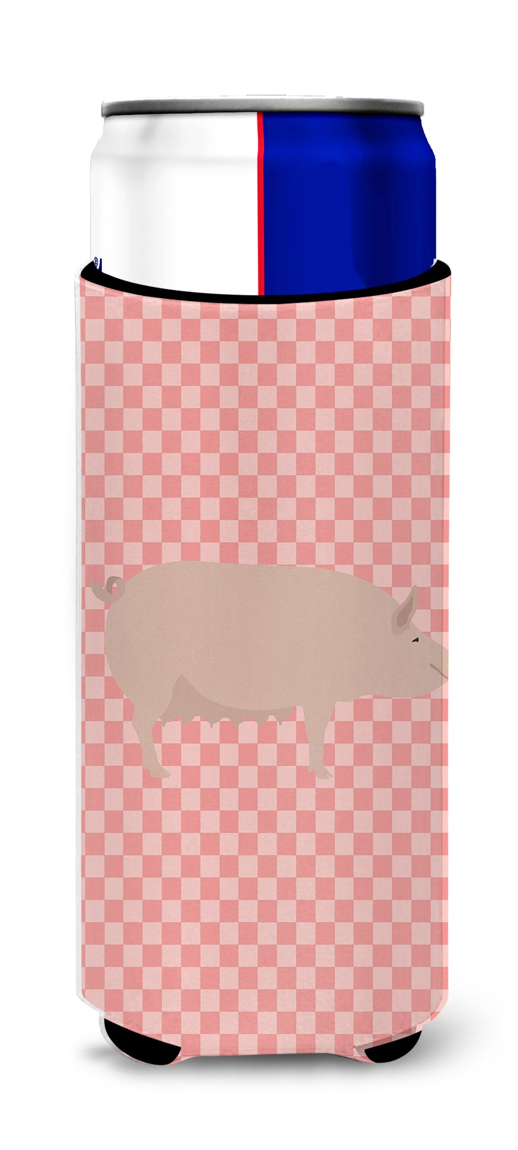 English Large White Pig Pink Check Slim Can Hugger , Insulated Foam Hugger for 12 oz Slim Cans, Beer Bottles & Water Bottles, Printed in USA