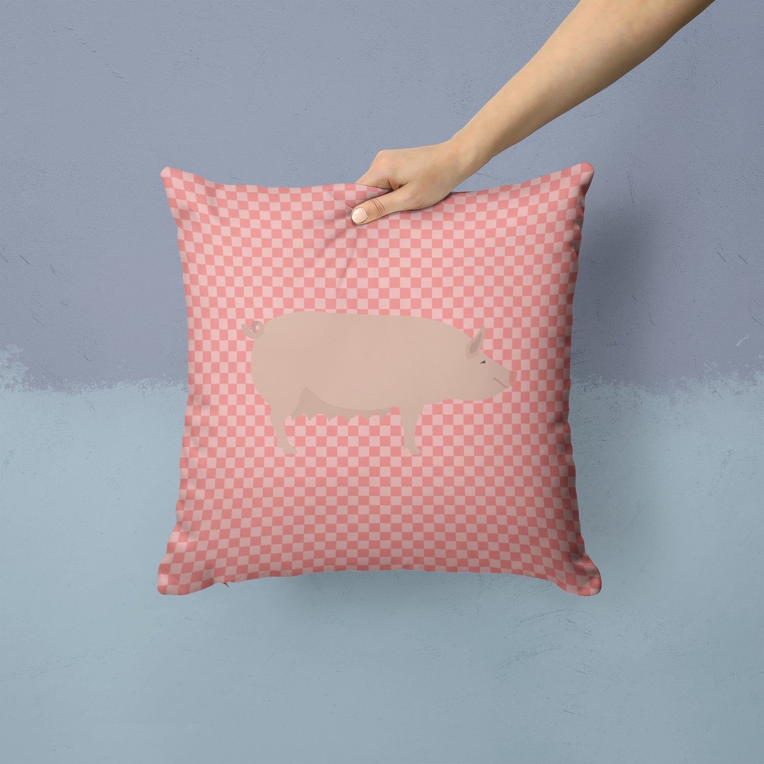 English Large White Pig Pink Check Decorative Throw Pillow 14x14 Indoor Outdoor Accent Cushion, Fabric Cover with Insert for Sofa, Bed, Porch & Living Room