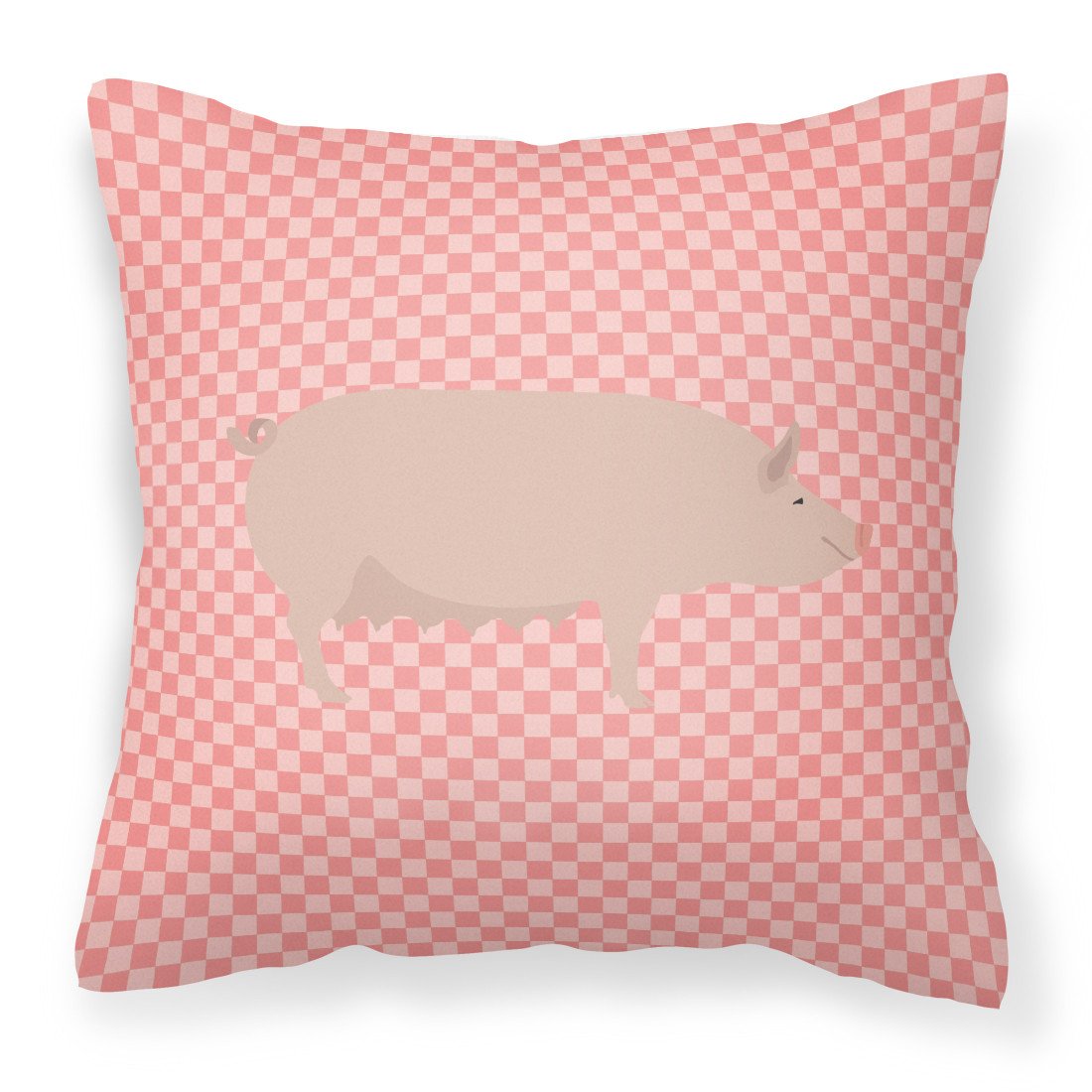 English Large White Pig Pink Check Decorative Throw Pillow 18x18 Indoor Outdoor Accent Cushion, Fabric Cover with Insert for Sofa, Bed, Porch & Living Room