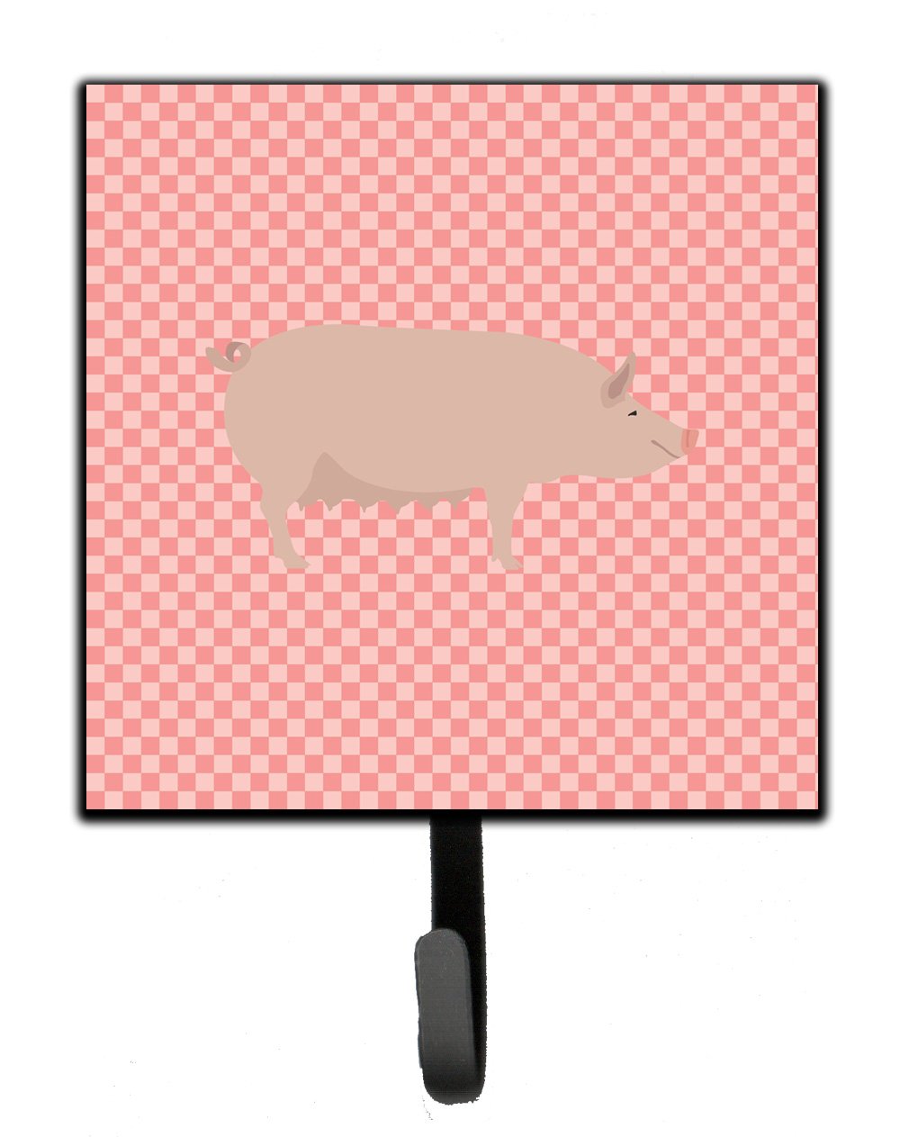 English Large White Pig Pink Check Leash or Key Holder Wall Hooks, Key Hooks Holder, Coat Rack Wall Mount, Coat Hooks, Hooks for Hanging Keys, Towels, Aprons, Leashes