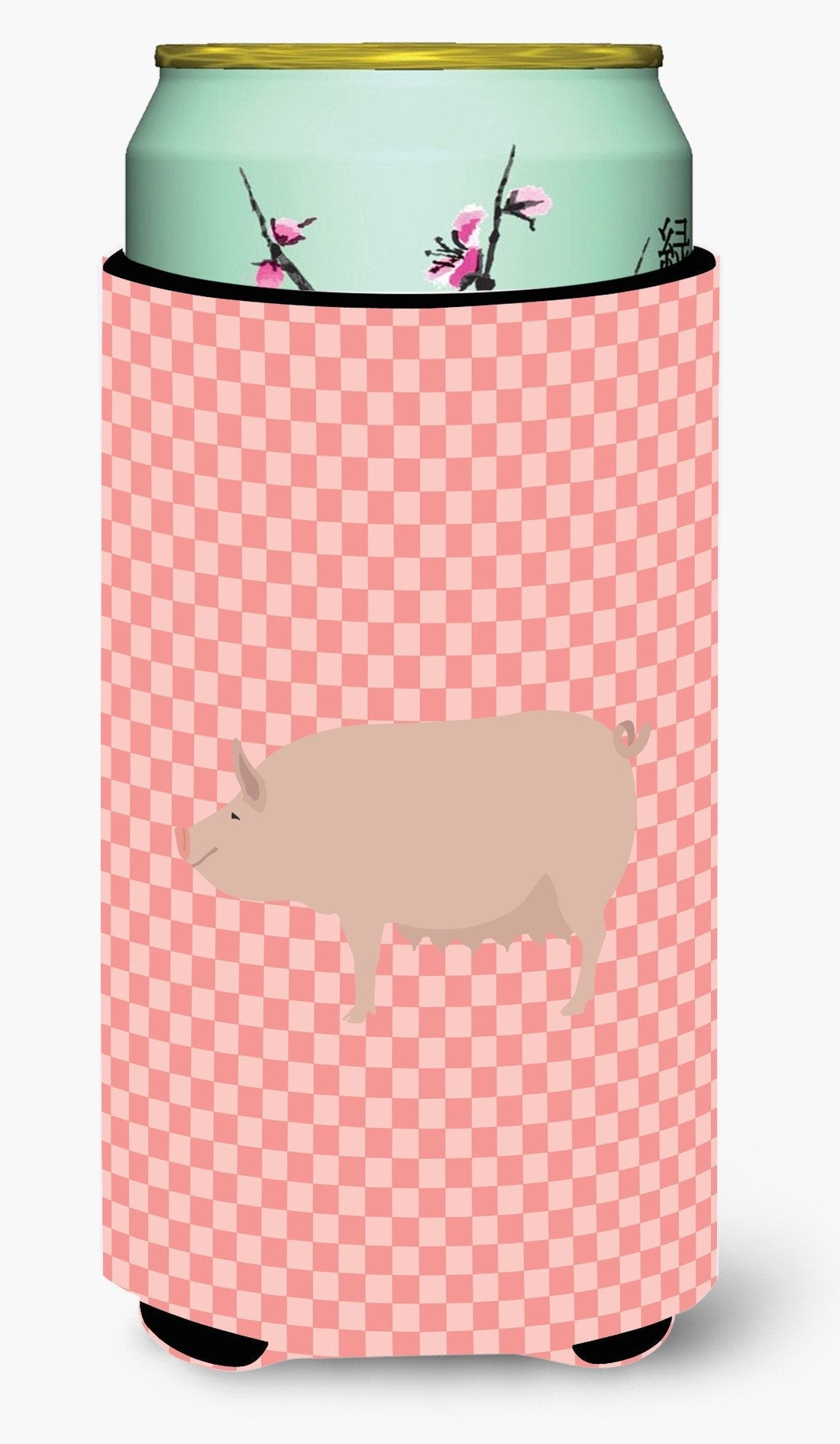 English Large White Pig Pink Check Tall Boy Hugger Can Cooler Sleeve Machine Washable Drink Collapsible Insulator Beverage Insulated Holder