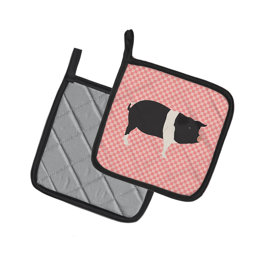 Hampshire Pig Pink Check Pot Holder Set of 2 Heat Resistant Quilted Hot Pads 7.5 x 7.5 Inch, Insulated Kitchen Trivets for Cooking & Baking