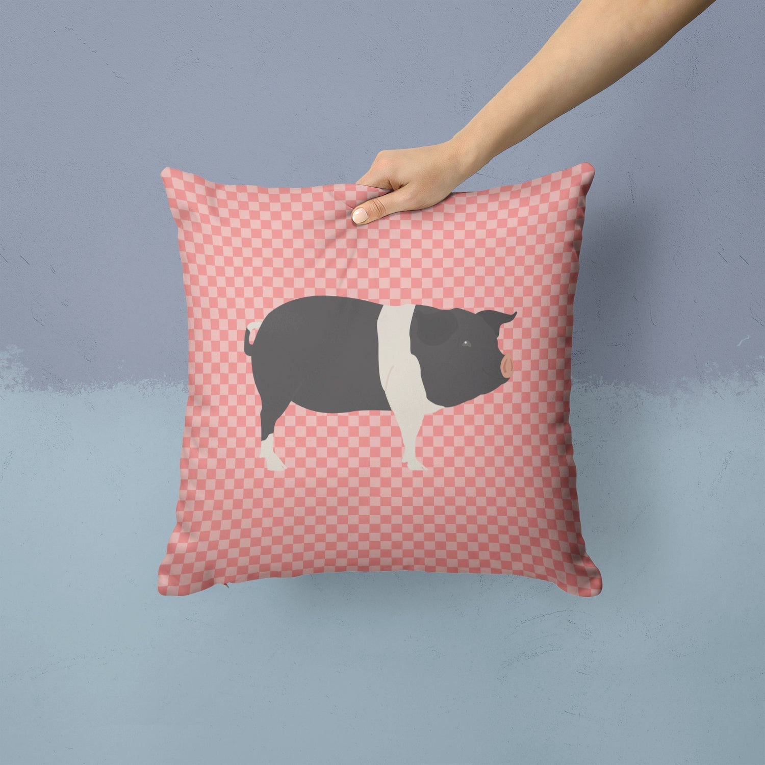 Hampshire Pig Pink Check Decorative Throw Pillow 14x14 Indoor Outdoor Accent Cushion, Fabric Cover with Insert for Sofa, Bed, Porch & Living Room