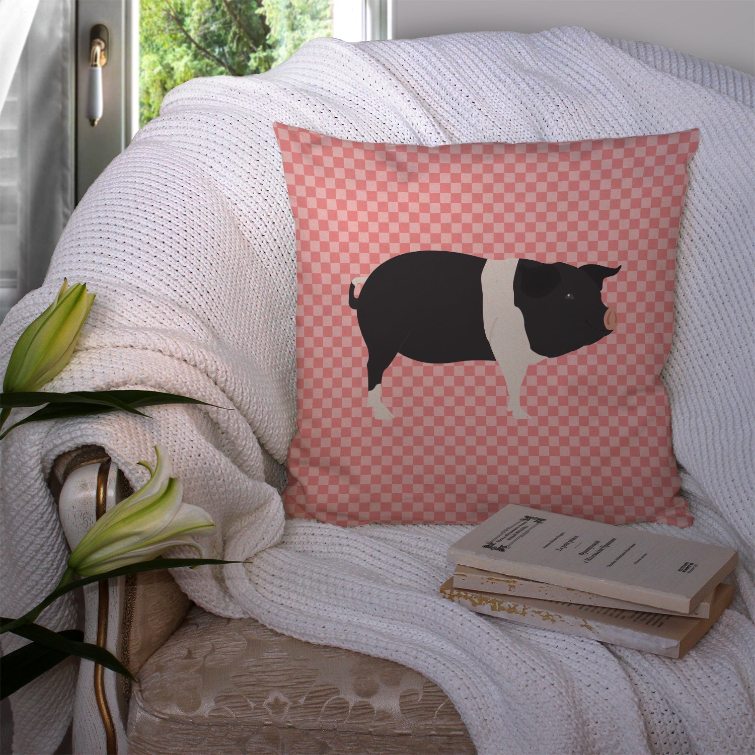 Hampshire Pig Pink Check Decorative Throw Pillow 14x14 Indoor Outdoor Accent Cushion, Fabric Cover with Insert for Sofa, Bed, Porch & Living Room
