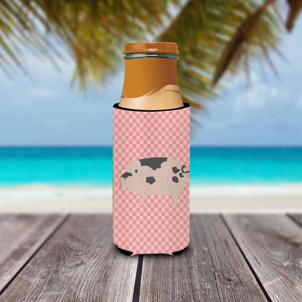 Gloucester Old Spot Pig Pink Check Slim Can Hugger , Insulated Foam Hugger for 12 oz Slim Cans, Beer Bottles & Water Bottles, Printed in USA