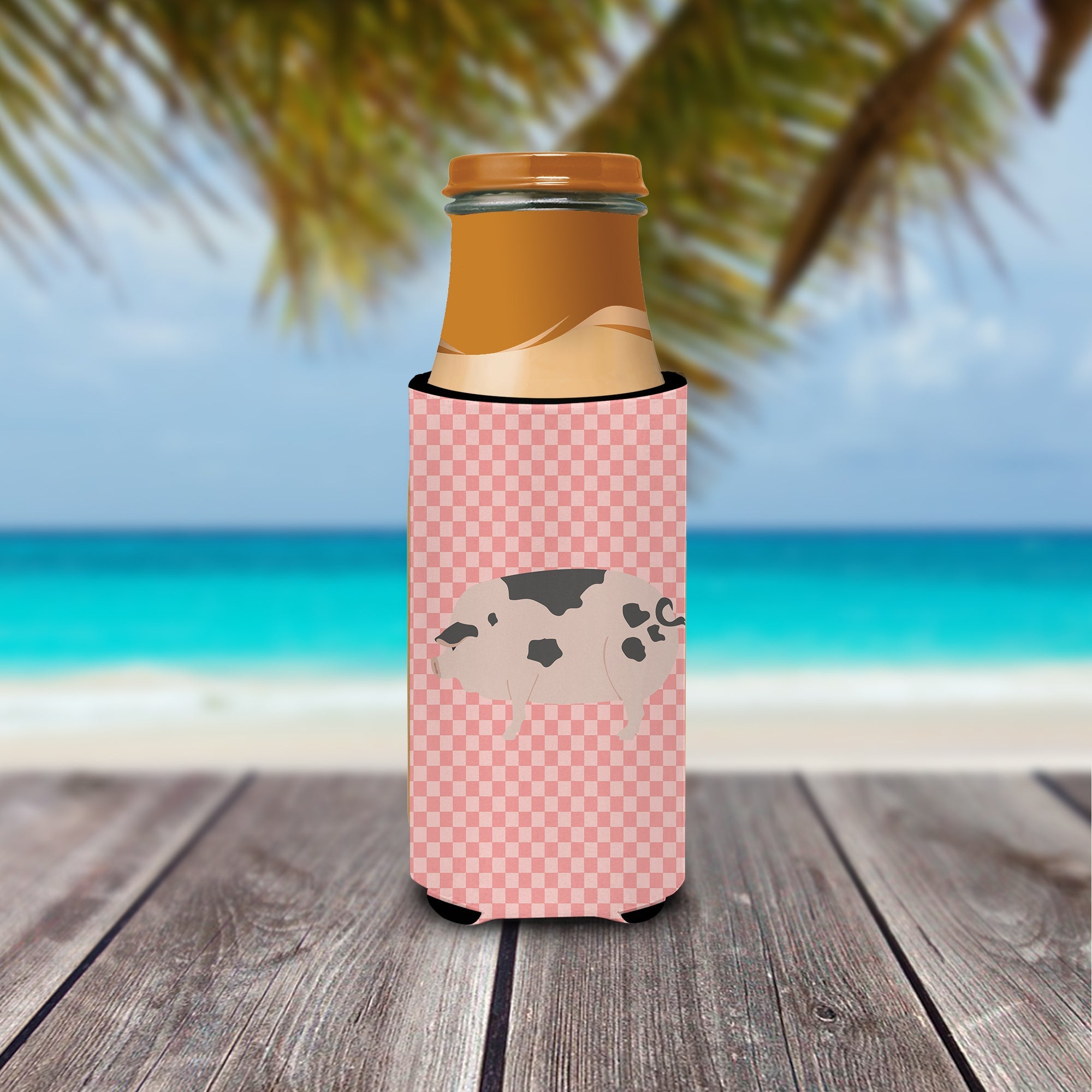 Gloucester Old Spot Pig Pink Check Slim Can Hugger , Insulated Foam Hugger for 12 oz Slim Cans, Beer Bottles & Water Bottles, Printed in USA