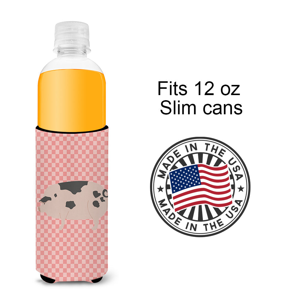 Gloucester Old Spot Pig Pink Check Slim Can Hugger , Insulated Foam Hugger for 12 oz Slim Cans, Beer Bottles & Water Bottles, Printed in USA