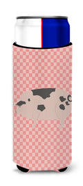 Gloucester Old Spot Pig Pink Check Slim Can Hugger , Insulated Foam Hugger for 12 oz Slim Cans, Beer Bottles & Water Bottles, Printed in USA