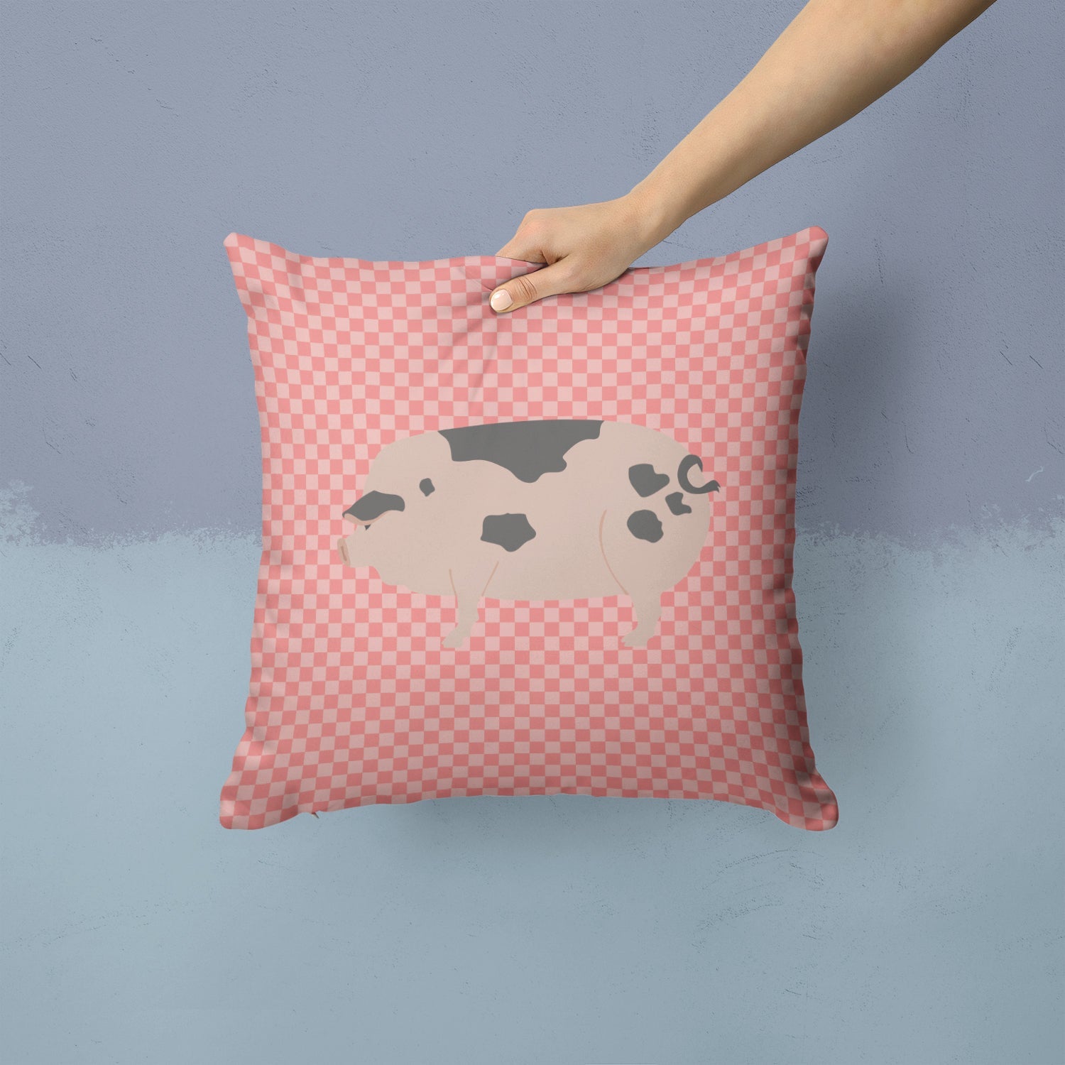 Gloucester Old Spot Pig Pink Check Decorative Throw Pillow 14x14 Indoor Outdoor Accent Cushion, Fabric Cover with Insert for Sofa, Bed, Porch & Living Room