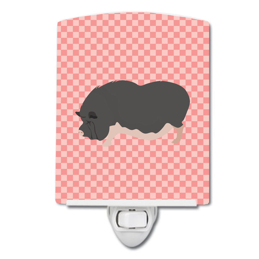Vietnamese Pot-Bellied Pig Pink Check Ceramic Night Light Compact, UL-Certified, Ideal for Bedroom, Bathroom, Nursery, Hallway, Kitchen, 6x4x3, Multicolor