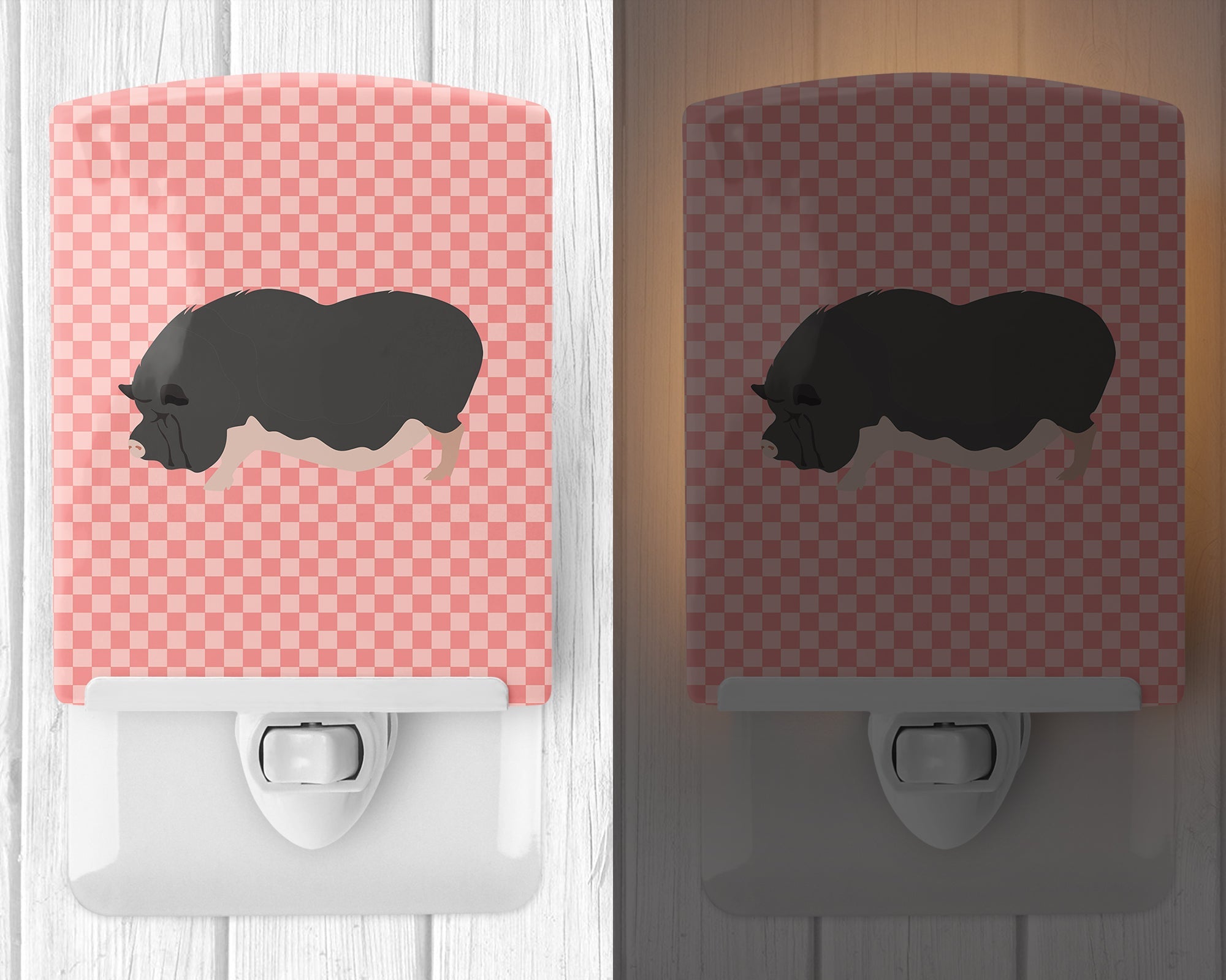 Vietnamese Pot-Bellied Pig Pink Check Ceramic Night Light Compact, UL-Certified, Ideal for Bedroom, Bathroom, Nursery, Hallway, Kitchen, 6x4x3, Multicolor