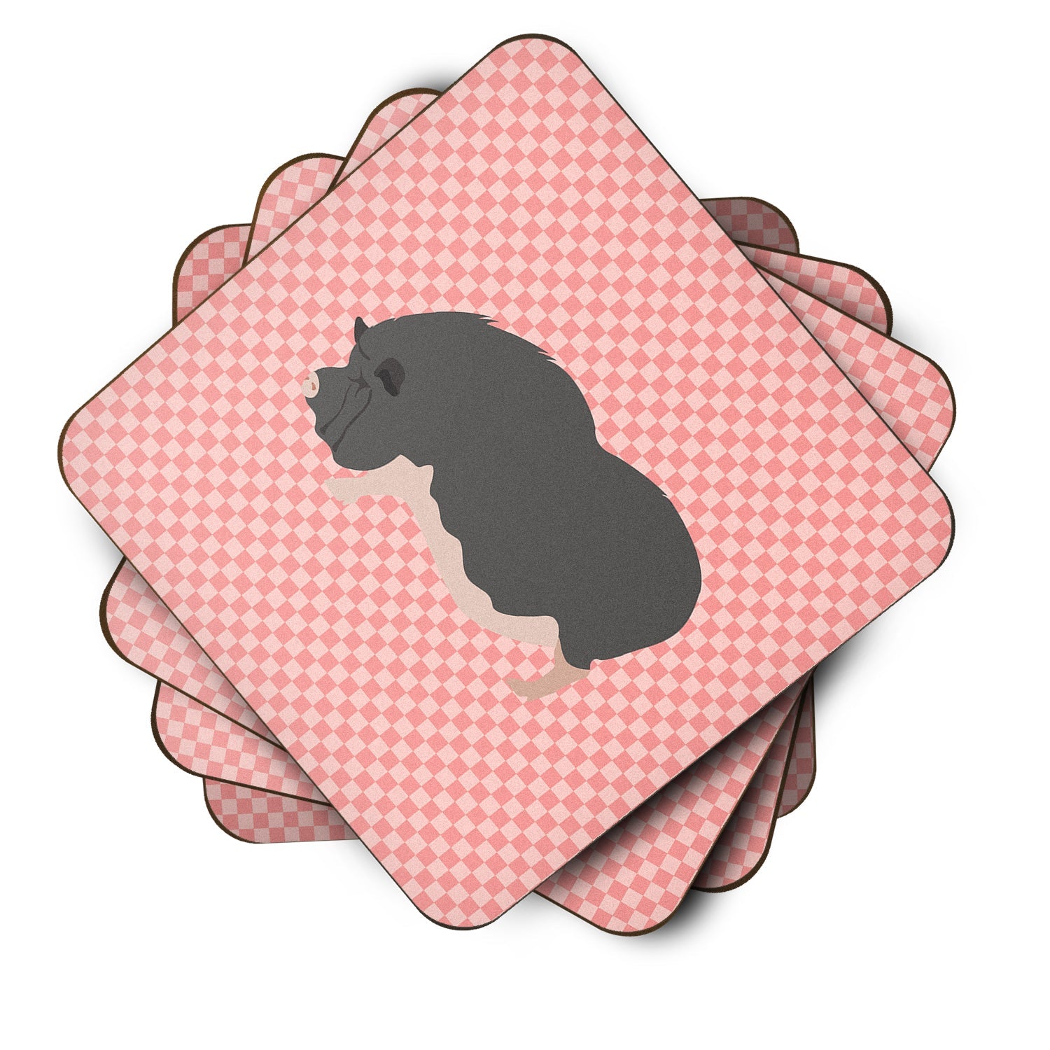 Vietnamese Pot-Bellied Pig Pink Check Foam Coasters Set of 4 Cup Coasters for Indoor Outdoor, Tabletop Protection, Anti Slip, Mouse pad Material