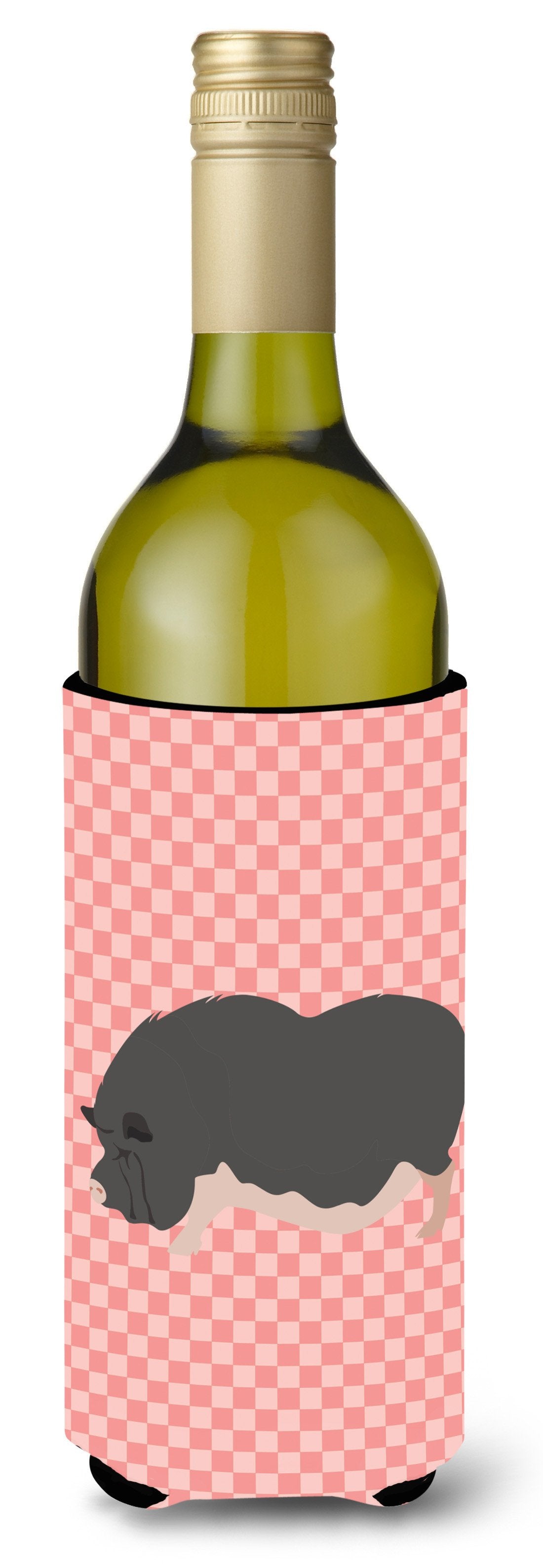 Vietnamese Pot-Bellied Pig Pink Check Wine Bottle Hugger Gift Sleeve for Standard 750 ml Bottles, Insulated Reusable Also Fits Mini Shot & Pint Bottles