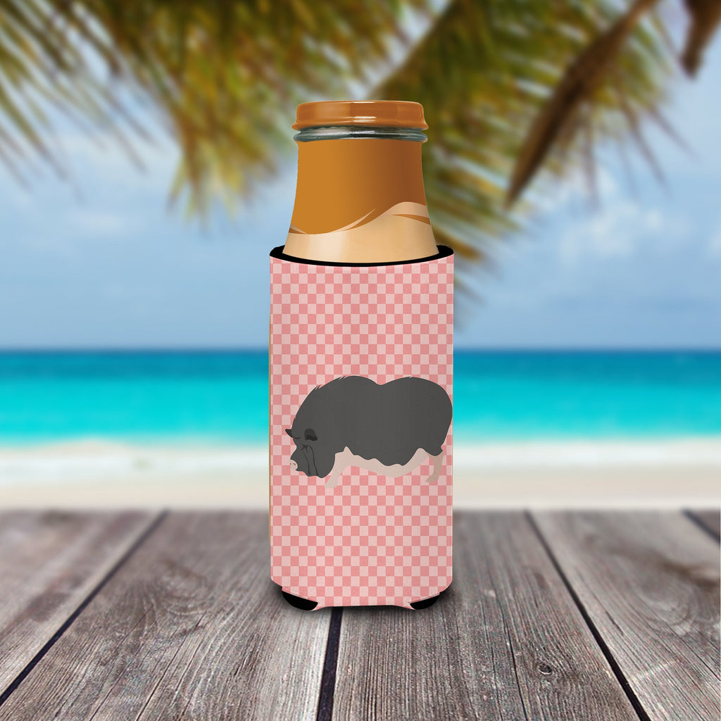 Vietnamese Pot-Bellied Pig Pink Check Slim Can Hugger , Insulated Foam Hugger for 12 oz Slim Cans, Beer Bottles & Water Bottles, Printed in USA