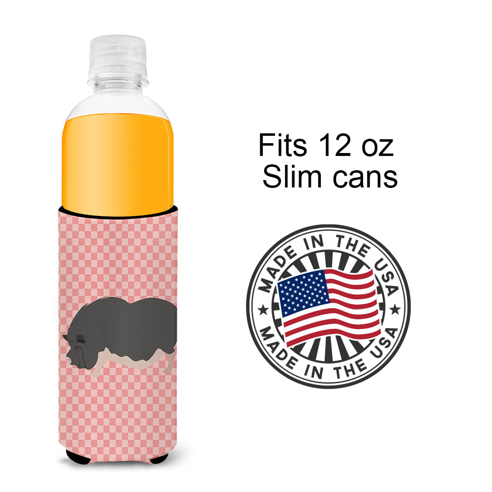 Vietnamese Pot-Bellied Pig Pink Check Slim Can Hugger , Insulated Foam Hugger for 12 oz Slim Cans, Beer Bottles & Water Bottles, Printed in USA