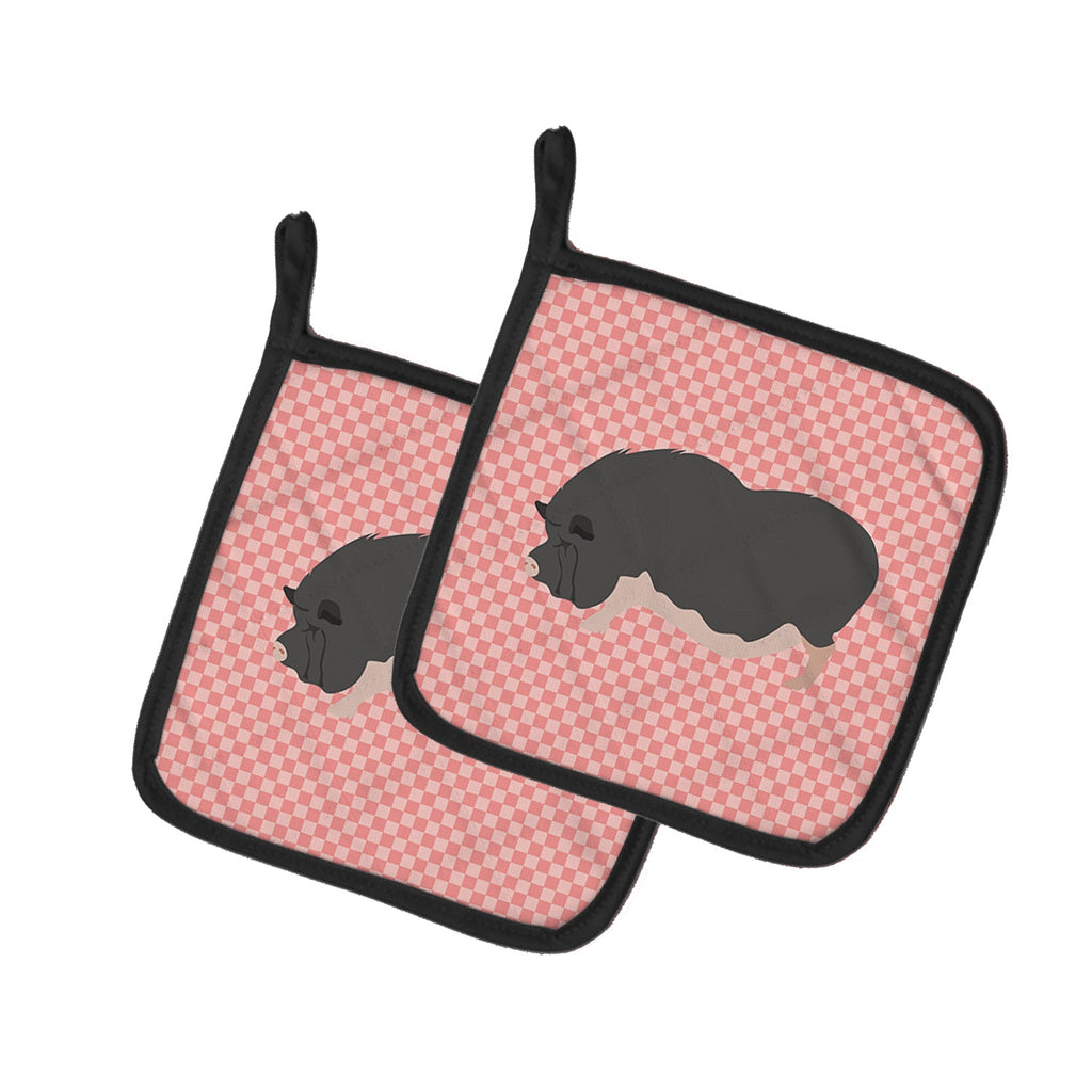 Vietnamese Pot-Bellied Pig Pink Check Pot Holder Set of 2 Heat Resistant Quilted Hot Pads 7.5 x 7.5 Inch, Insulated Kitchen Trivets for Cooking & Baking