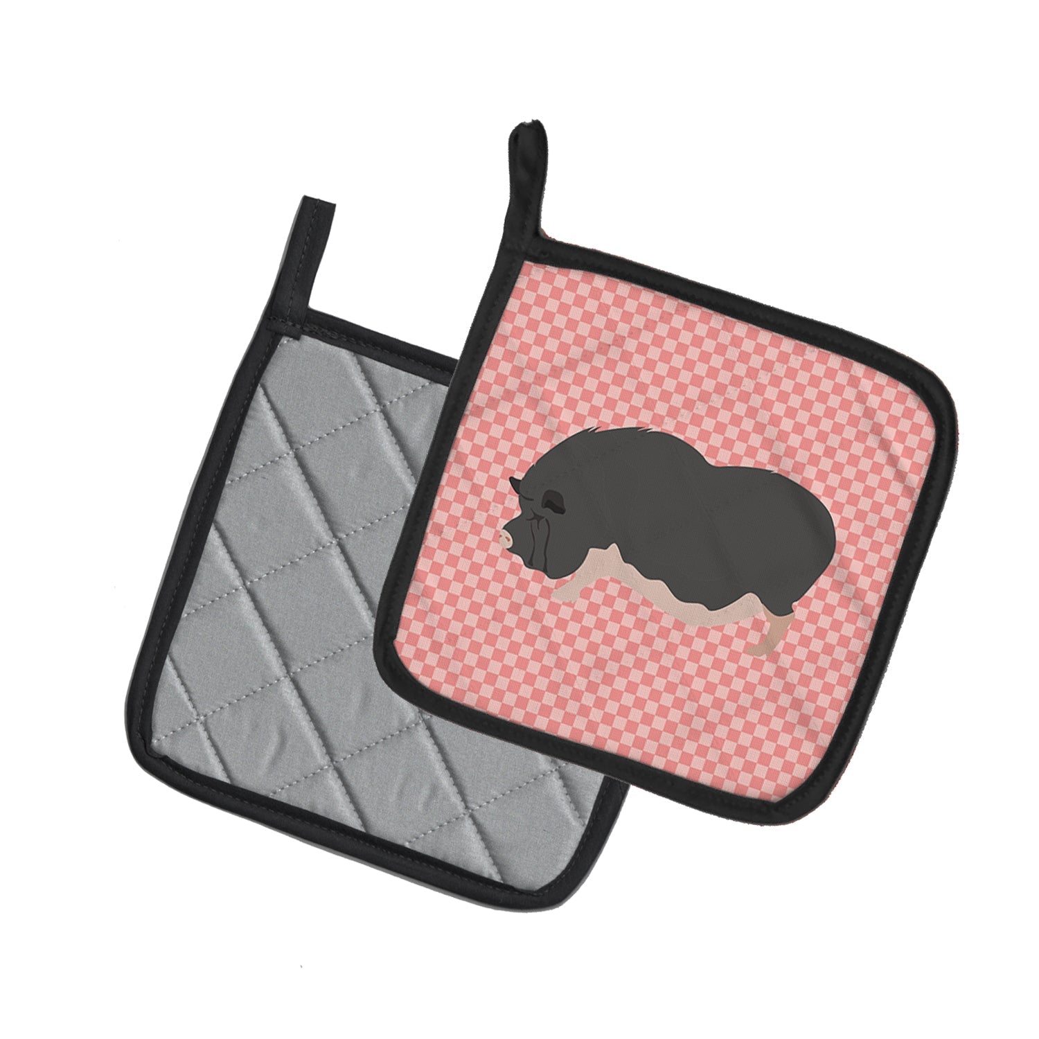 Vietnamese Pot-Bellied Pig Pink Check Pot Holder Set of 2 Heat Resistant Quilted Hot Pads 7.5 x 7.5 Inch, Insulated Kitchen Trivets for Cooking & Baking
